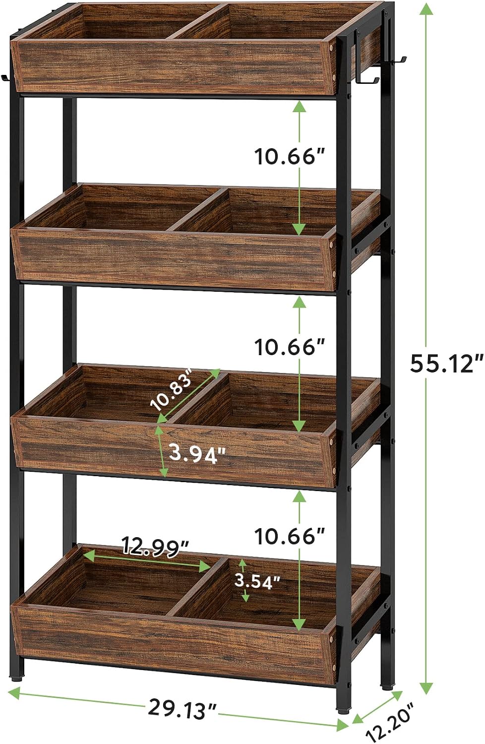 LITTLE TREE 4-Tier Wood Fruit Vegetable Storage Basket Stand Set of 2, Versatile Utility Shelf Rack for Kitchen, Office, Store, Supremarket, Vintage Brown