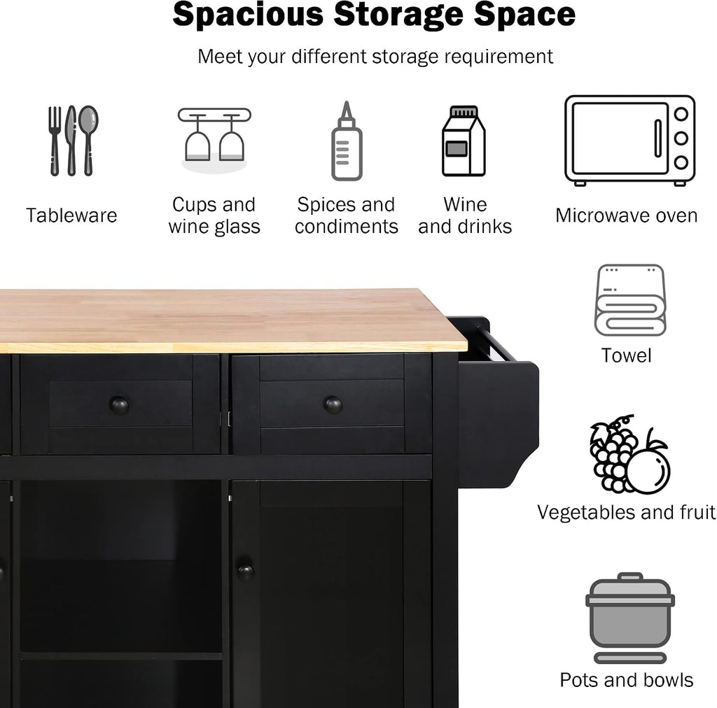 Modern Kitchen Island on 5 Wheels with Storage Cabinet and Drop-Leaf Countertop, Kitchen Cart with Cabinet Door Internal Storage Racks and 3 Drawers for Dinning Room (Black#M)