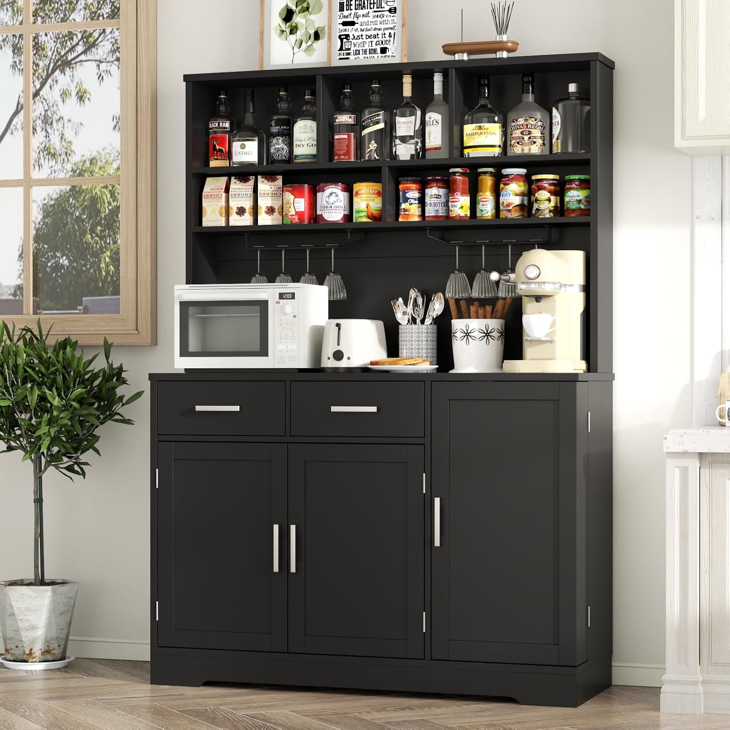 Tall Pantry Cabinet, Modern Kitchen Hutch with Microwave Stand, Kitchen Pantry Storage Cabinet with 2 Darwers & Door Shelf, Food Pantry with Goblet Holders & Adjustable Shelves for Dining Room, Black
