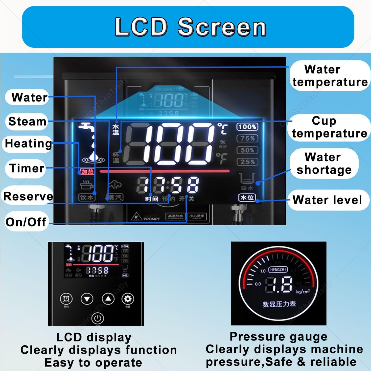Full-Automatic Steam Boiling Frothing Machine,Commercial Multi-Purpose Electric Milk Foam Frother,Hot Water Dispenser LCD Display for Espresso Coffee Bubble Tea White