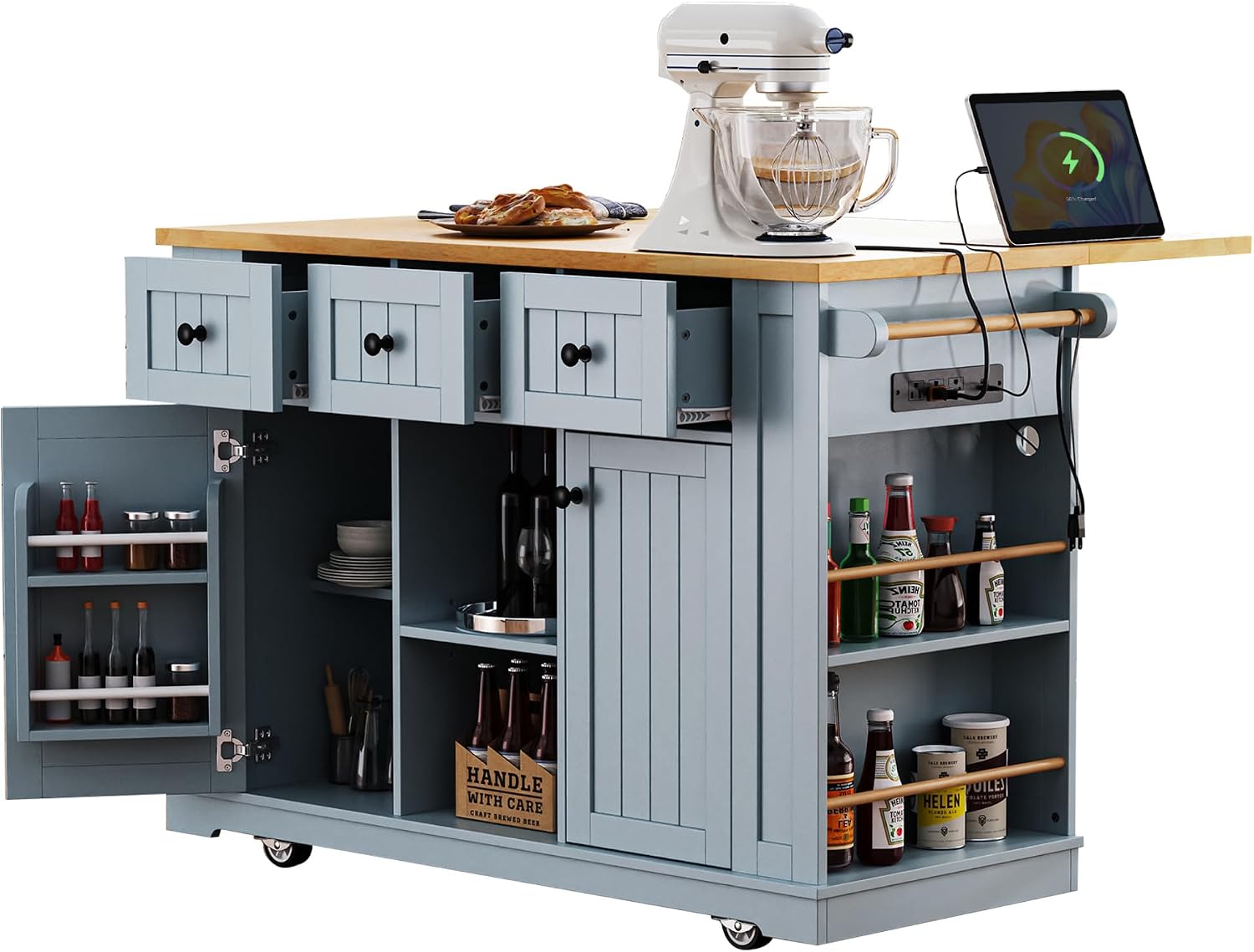 Classic Kitchen Island with Drop Leaf, Power Outlet, Door Internal Storage Rack, Rolling Kitchen Storage Cart on 5 Wheels with 5 Open Side Racks, 3 Drawers for Home, Dining Room (Grey-Blue/Wheels)