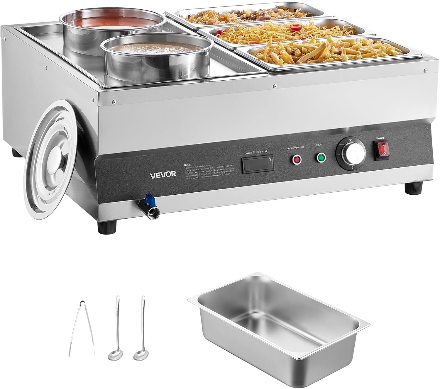 VEVOR Electric Soup Warmer, Two 6.34QT Pots & Three 1/3 Pans, Stainless Steel Commercial Food Warmer with 86~185°F Adjustable Temp, 1500W Bain Marie, Soup Station for Restaurant, Buffet