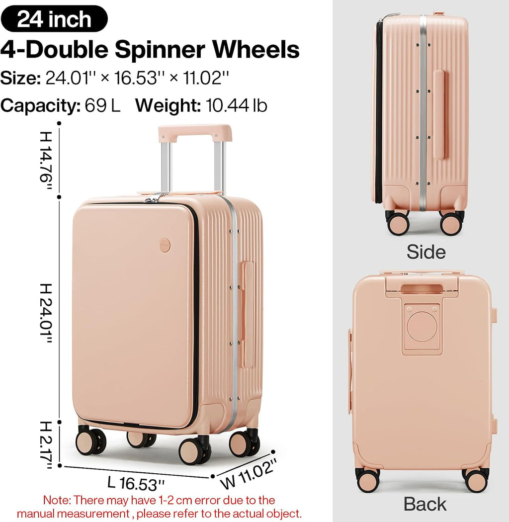 mixi Large Checked Luggage with Cup Phone Holder and Charger Hard Shell Suitcases with Spinner Wheels, 24 Inch Light Pink