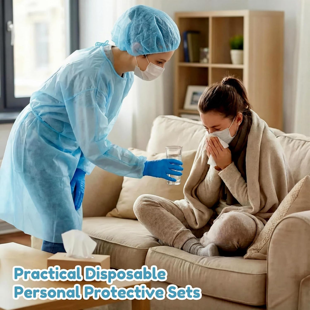 Xuhal Blue Disposable Isolation Ppe Gowns Set Bouffant Caps with Elastic Cuffs Gloves and Shoe Covers for Labs