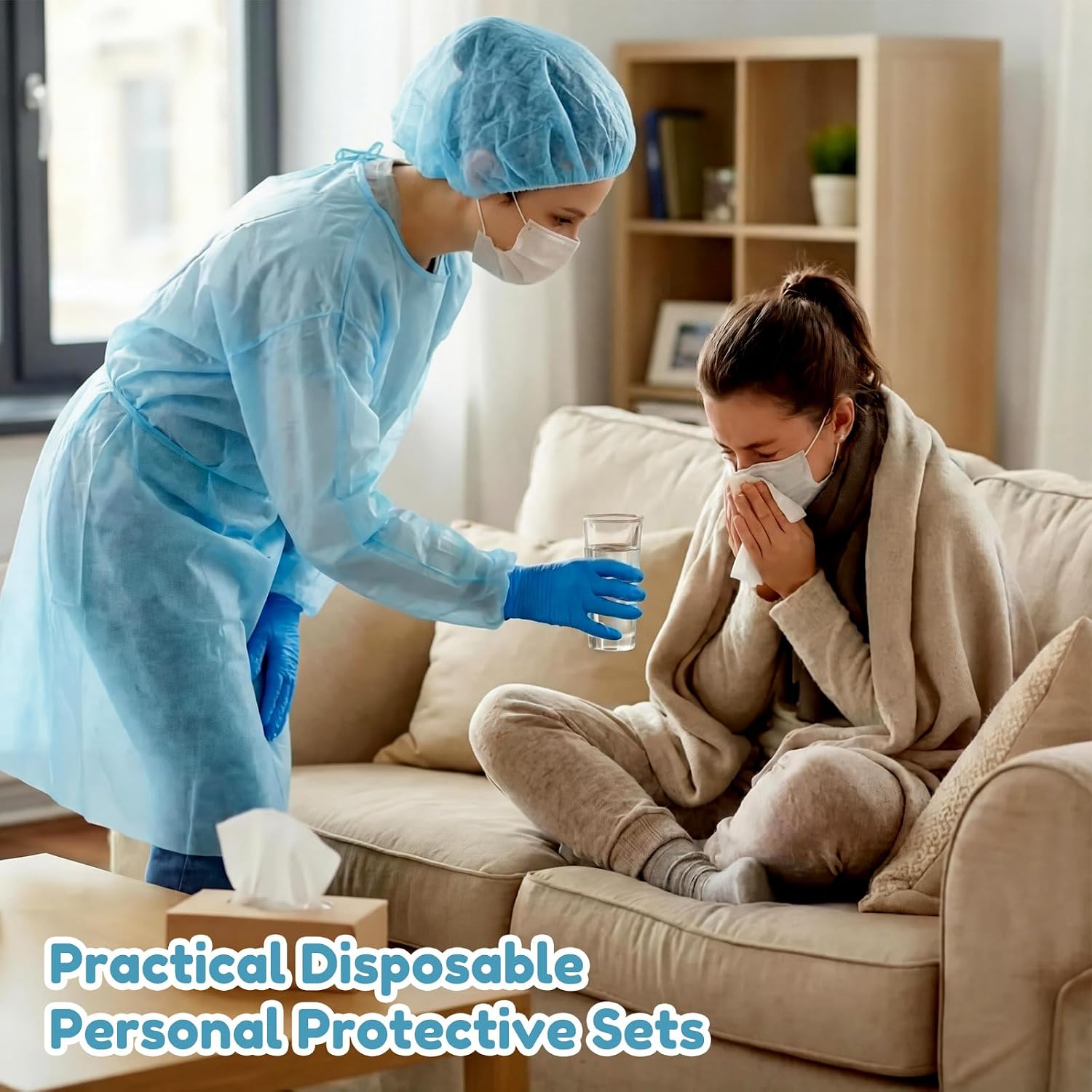 Xuhal Blue Disposable Isolation Ppe Gowns Set Bouffant Caps with Elastic Cuffs Gloves and Shoe Covers for Labs