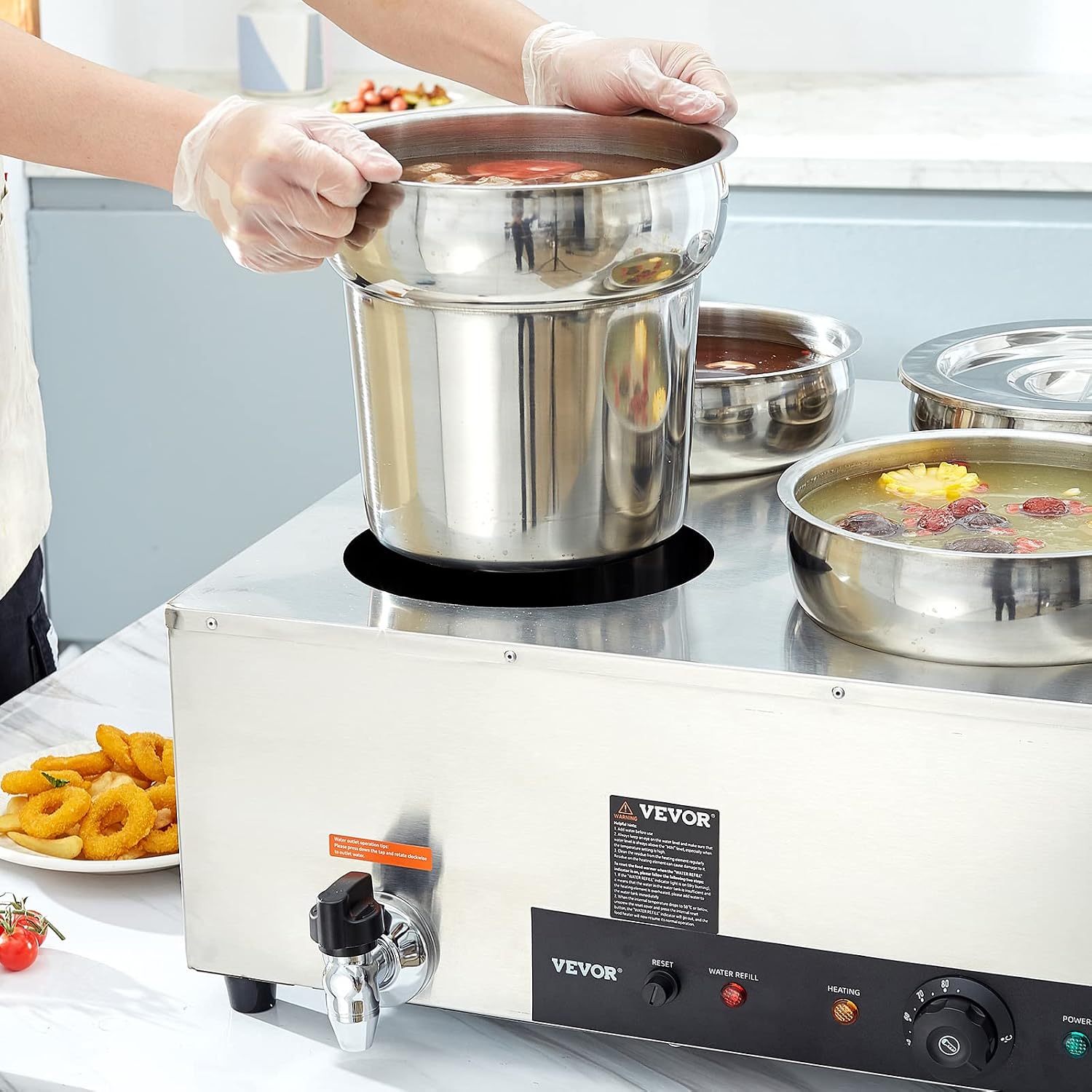 ETL Listed VEVOR Electric Soup Warmer, Four 7.4QT Stainless Steel Round Pot 86~185°F Adjustable Temp, 1500W Commercial Bain Marie with Anti-Dry Burn, Soup Station for Restaurant, Buffet, Silver