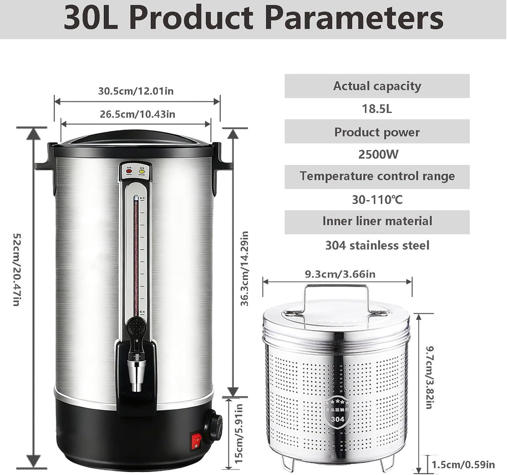 20 L Hot Milk Kettle Milk Bucket Barrel Stainless Steel Water Boiler Coffee Tea Beverage Heat Warmer,Large Capacity Commercial Office Hot Water 30L