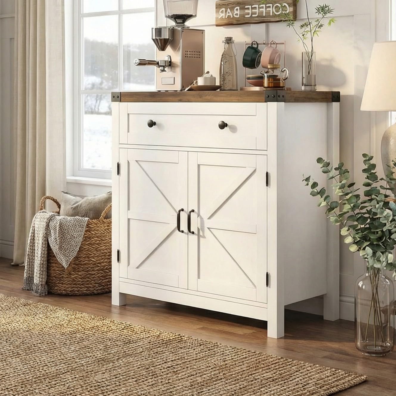 HOSTACK Coffee Bar Cabinet, Kitchen Storage Cabinet, Modern Farmhouse Buffet Sideboard with Drawer and Adjustable Shelf, Barn Door Accent Cabinets for Kitchen, Dining Room, Entryway, White