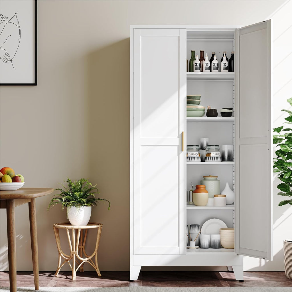 YAUWOH 71''Metal Cabinet with 4 Adjustable Shelves,5-Tier Pantry Storage Cabinet,Kitchen Pantry Cabinet for Living Room,Dining Room, (1PC,White)