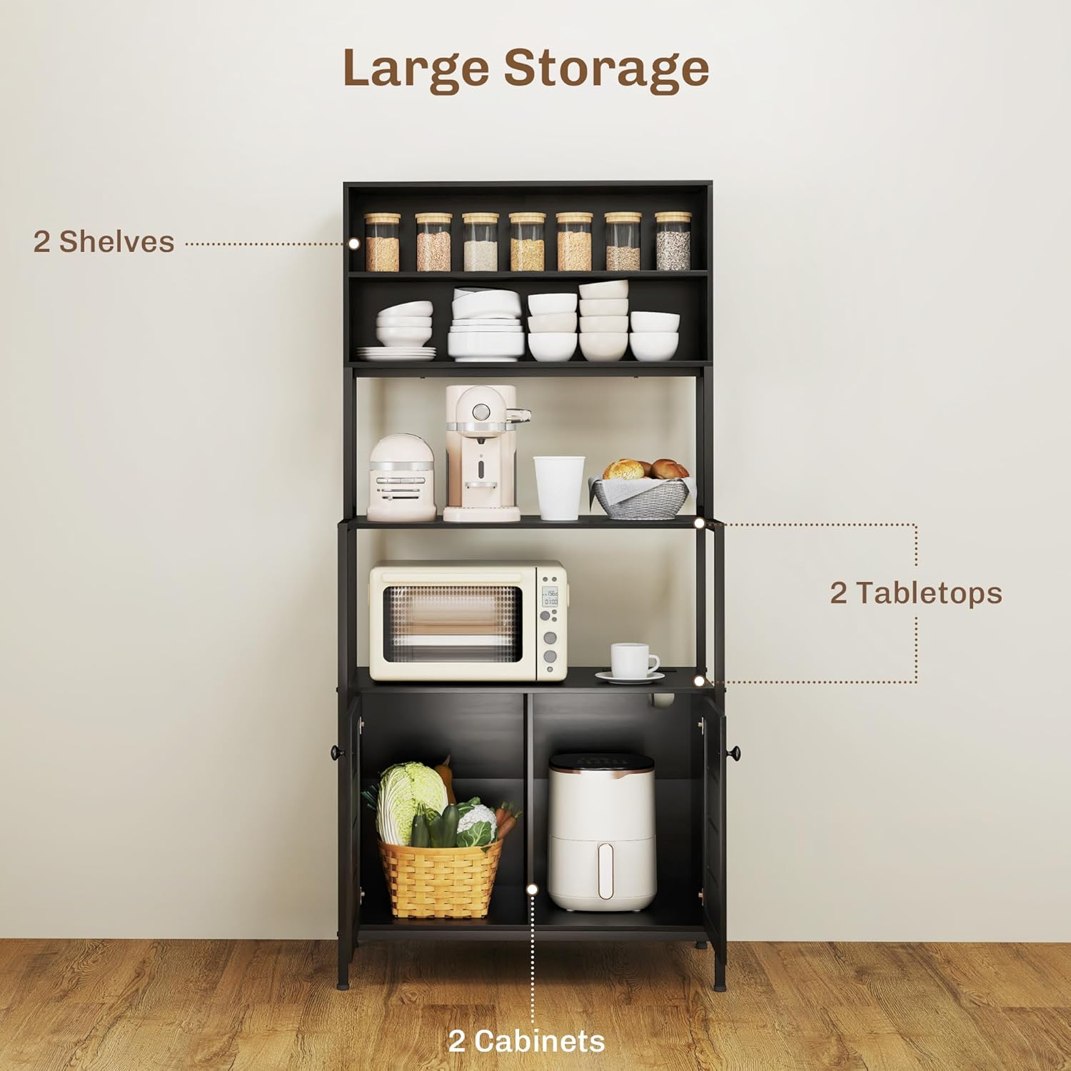 Kitchen Baker's Rack with Power Outlet, Coffee Bar Cabinet with 2 AC Outlets & 2 USB Ports, 67'' Tall Storage Shelf with Cabinets, Rustic Black Industrial Kitchen Organizer for Dining Room