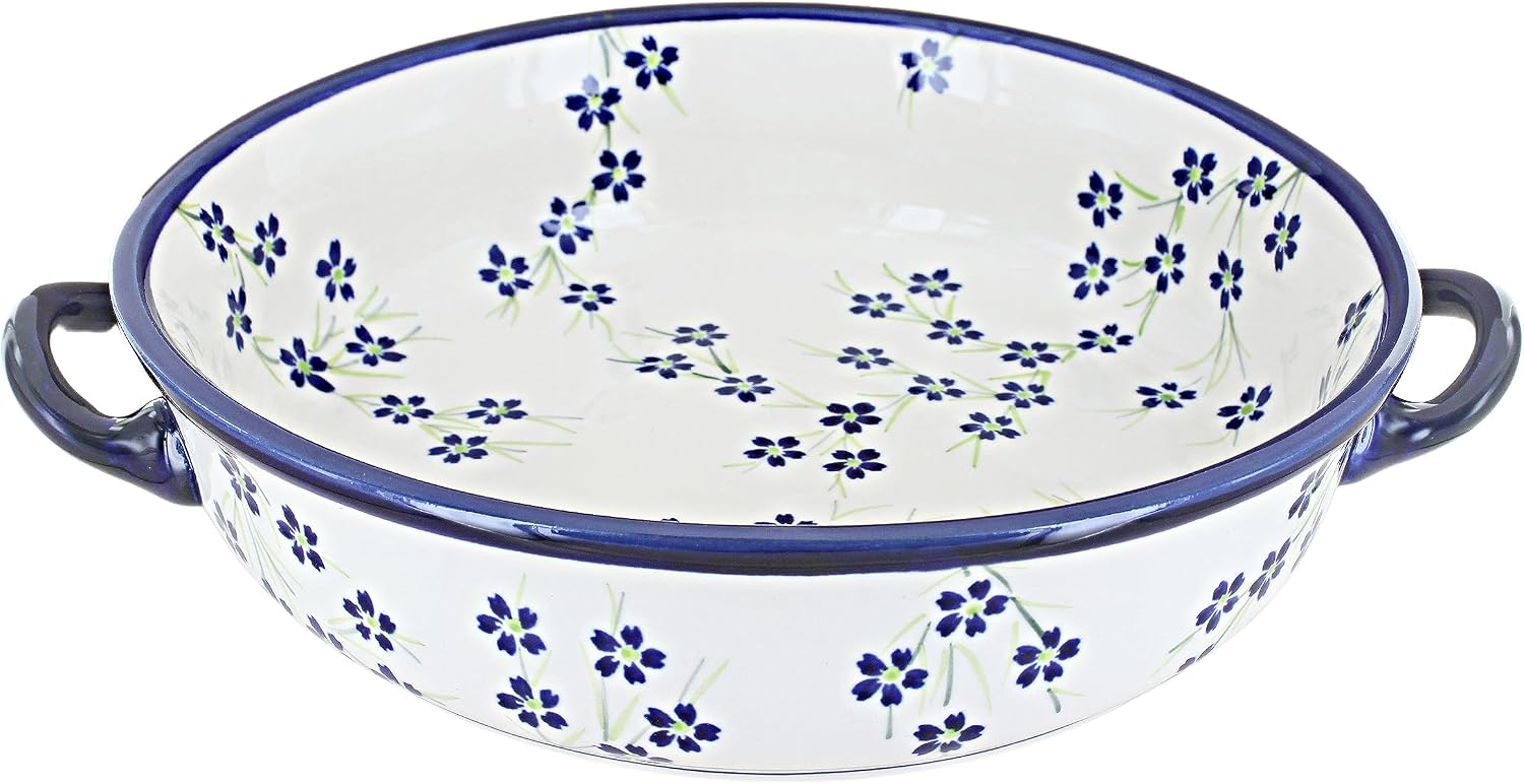 Blue Rose Polish Pottery - Blue Willow Round Casserole with Handles - 10.25' Diameter - Unique, Dishwasher Safe, & Durable Bakeware