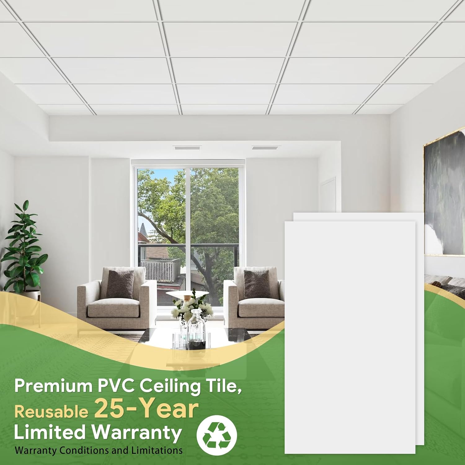 Fasarxiu 24'x48' Smooth Drop Ceiling Tiles Waterproof High-Grade PVC Ceiling Tiles 2x4 Fire-Rated - Easy Drop-in Installation - Case of 10 (80 sq. ft.)