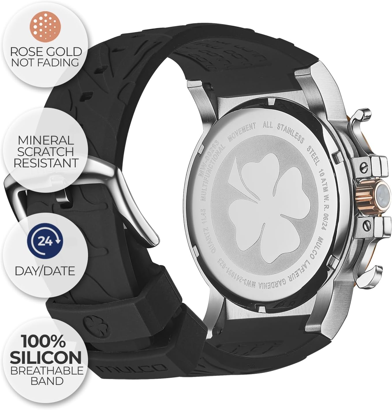 MULCO Le Fleur Gardenia Women's Watch – 43 mm Stainless-Steel Case, Rose-Gold Bezel, Mother-of-Pearl Dial with Crystal Accents, Pure Silicone Strap, Quartz Multifunction Movement, 10 ATM Waterproof