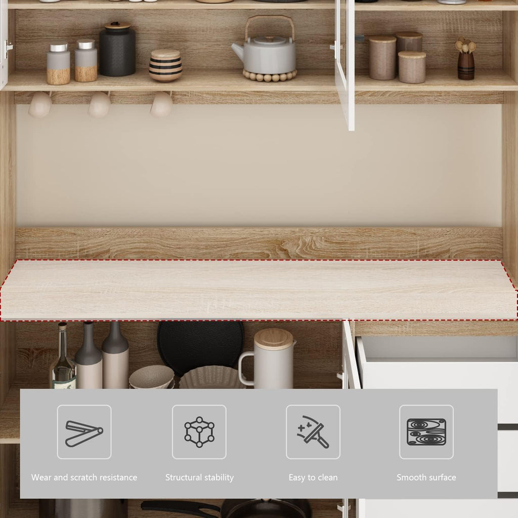 AGOTENI Large Kitchen Hutch Cabinet, Storage Cupboard Pantry with 4 Glass Doors, 4 Drawers & Microwave Shelf, for Kitchen Open Storage, White/Oak (63' W x 15.7' D x 74.8' H)