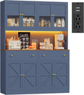 FINETONES 71' Pantry Cabinet with LED Light and Charging Station, Farmhouse Kitchen Pantry Cabinet with Microwave Stand, 47.2' Wide Kitchen Hutch Food Pantry with Open Countertop, Blue