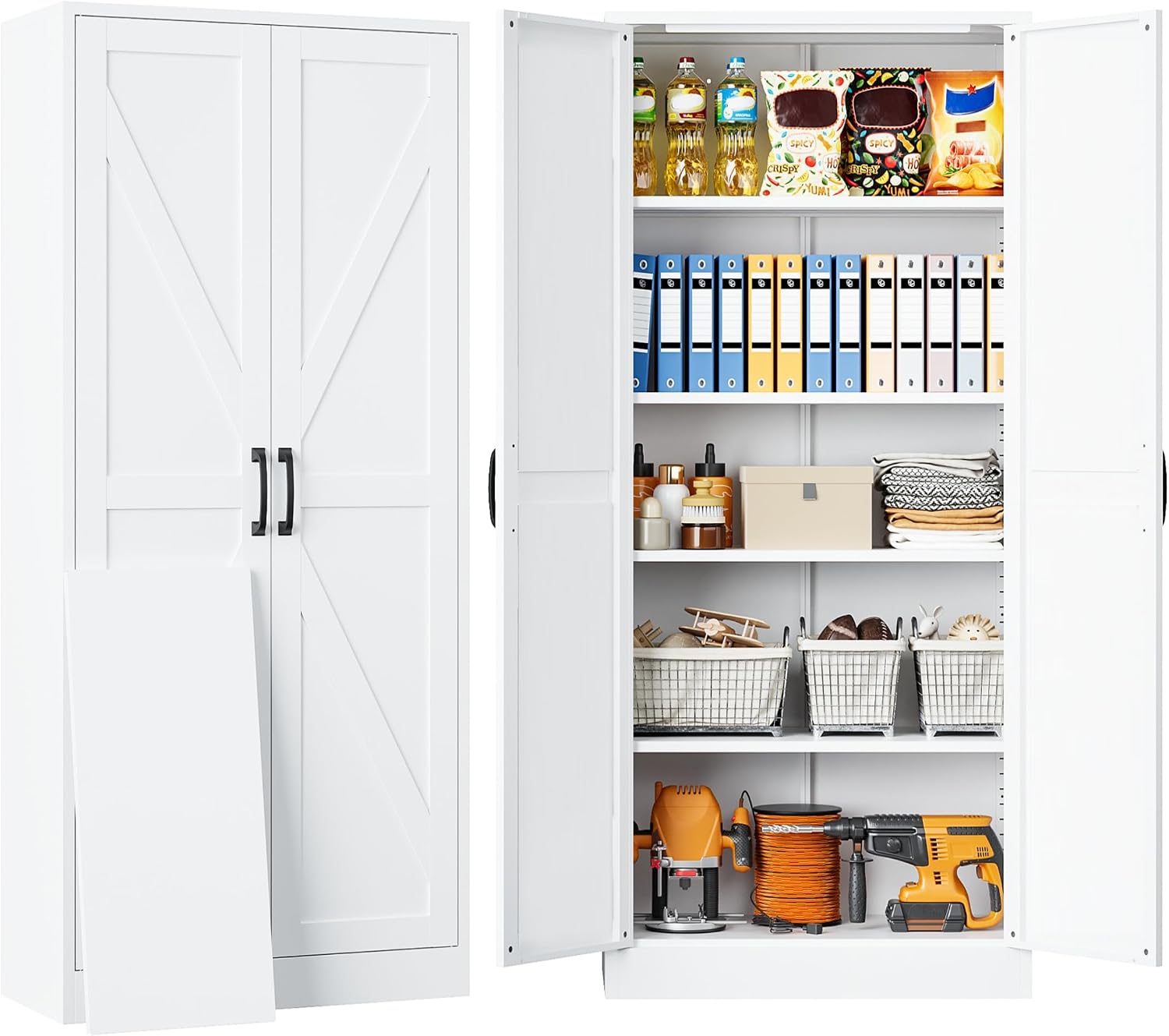 SISESOL 61' Tall Pantry Cabinet,Farmhouse Kitchen Pantry Storage Cabinets with 2 Doors and 5 Shelves,White Metal Storage Cabinet,Large Cupboard for Home,Kitchen,Dining/Living Room