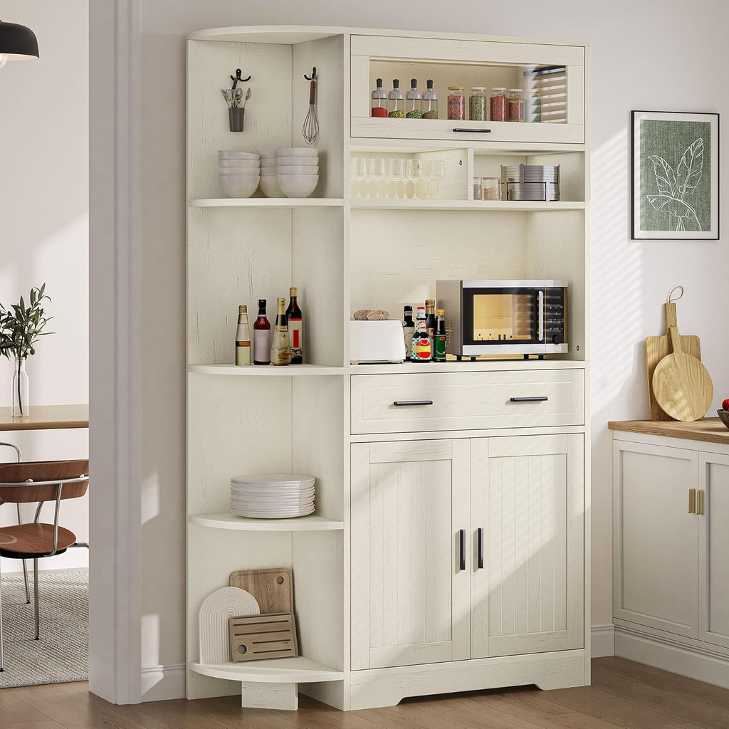 YITAHOME Kitchen Pantry Storage Cabinet, 67' Tall Kitchen Hutch with Outlet & Door & Shelves & Drawer, Farmhouse Wooden Microwave Stand Buffet Coffee Bar for Home Living Dining Room, Off-White