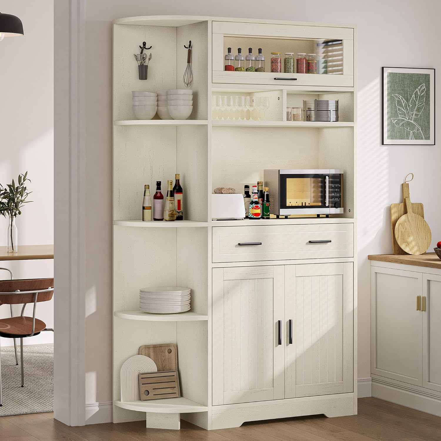 YITAHOME Kitchen Pantry Storage Cabinet, 67' Tall Kitchen Hutch with Outlet & Door & Shelves & Drawer, Farmhouse Wooden Microwave Stand Buffet Coffee Bar for Home Living Dining Room, Off-White