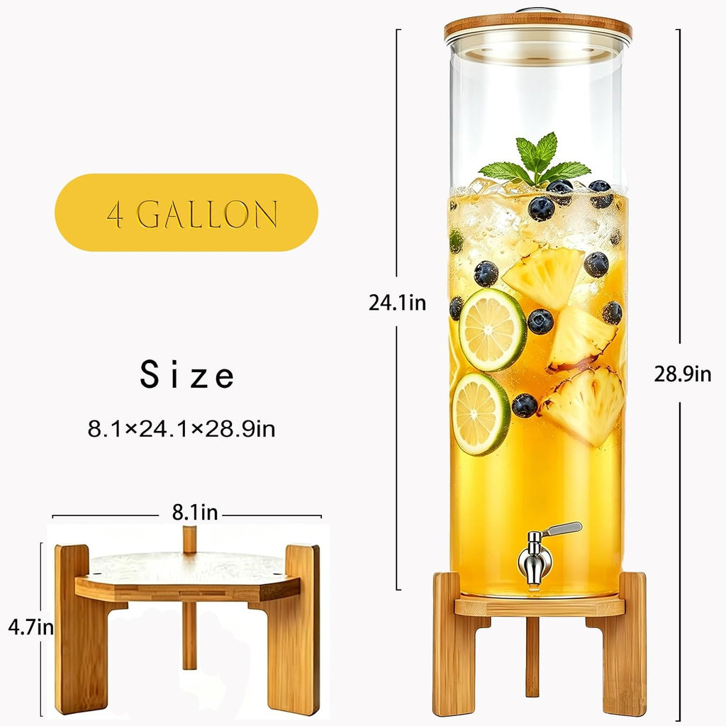 Beverage Dispenser, 4Gallon Glass Drink Dispenser with Stand, Stainless Steel Spigot, Ideal for Parties, Bars, Restaurants (15L/4 Gallon)