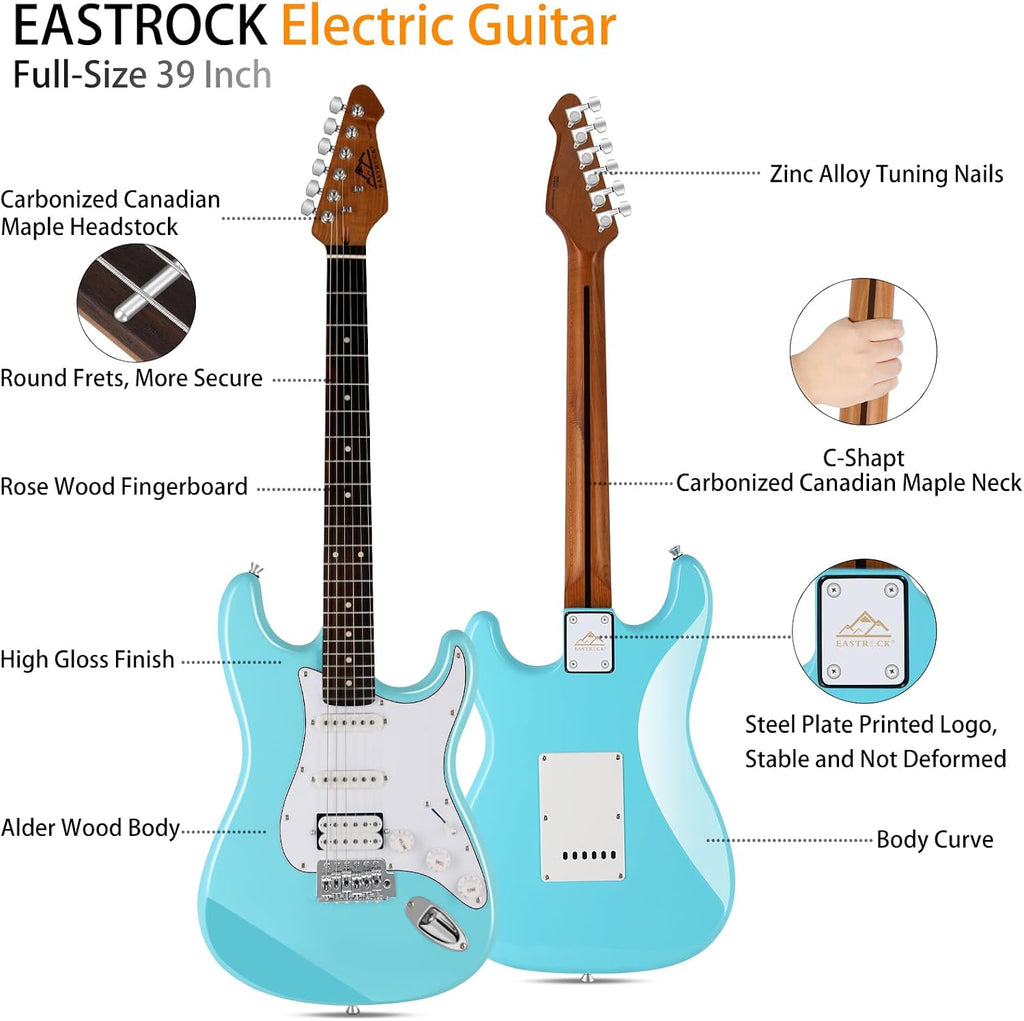 EASTROCK Electric Guitar 39 inch Full Beginner Starter kit Full Size with 10w Amp, Package All Accessories, Strings, Picks, Tremolo Bar, Strap, and Case Bag(Macaron blue)
