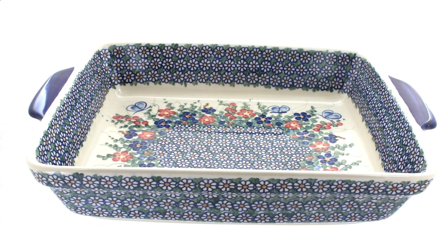 Blue Rose Polish Pottery - Red Garden Butterfly Baker with Handles - 13' x 10.5' - Unique, Dishwasher Safe, & Durable Bakeware