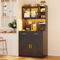 LED Kitchen Pantry Cabinet with Outlets, Farmhouse Storage Cabinet with Drawers & Adjustable Shelves, 64' Tall Cupboard with Pegboard & Hooks for Dining Room (Black)