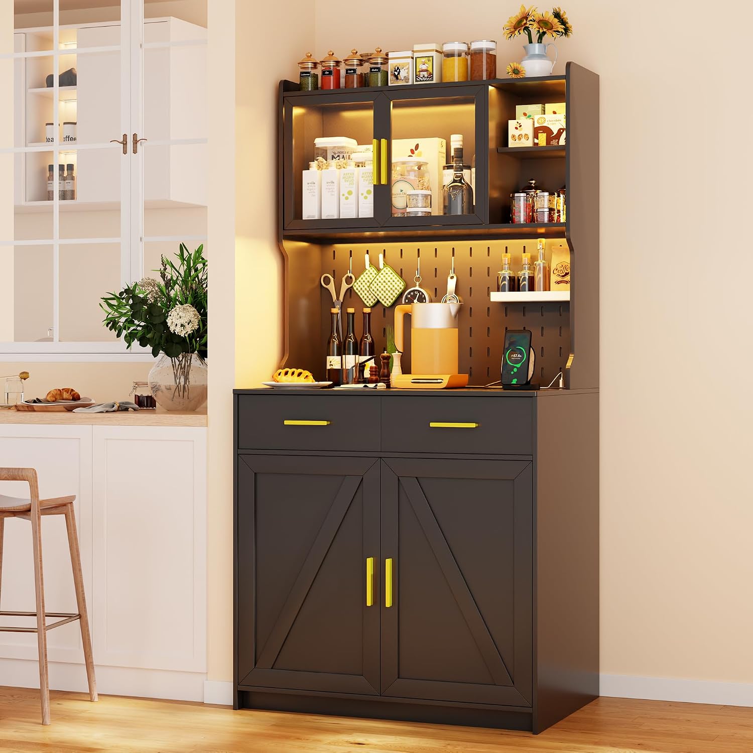LED Kitchen Pantry Cabinet with Outlets, Farmhouse Storage Cabinet with Drawers & Adjustable Shelves, 64' Tall Cupboard with Pegboard & Hooks for Dining Room (Black)