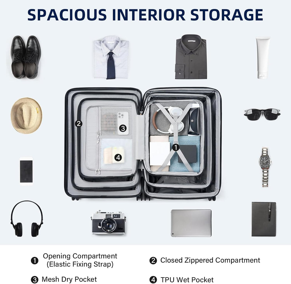 HanTrip Hard Shell Suitcases Expandable Travel Luggage Sets 3 Piece, Carry on and Check in 3 Piece Luggage Suitcase Sets with Spinner Wheels Cup Holder Charger Built in (White, 20/24/28)
