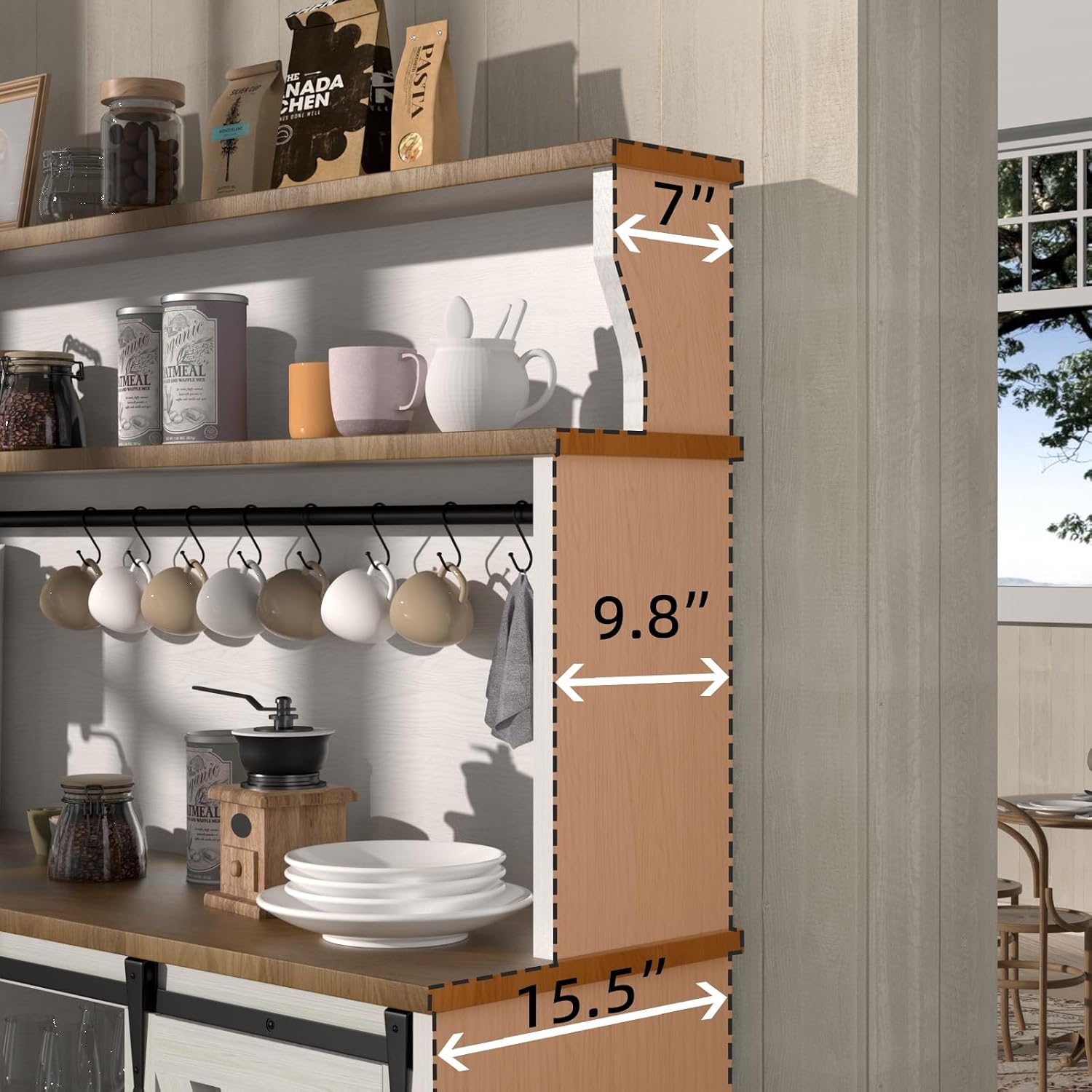 BestHaped Farmhouse Coffee Bar Cabinet with 3 Tier Storage Hutch, 47'' Coffee Bar Station with Sliding Barn Door, Hutch Storage Cabinet with 9 Wine Racks & 9 Hooks for Kitchen Dining Living Room