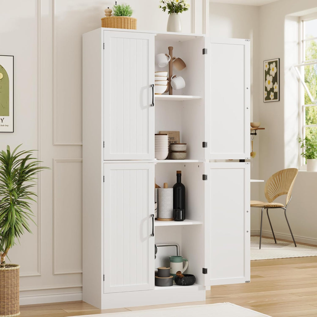 MHOM 71' Tall White Pantry Cabinet, Farmhouse Storage Cabinet with 4 Doors and Adjustable Shelves, Freestanding Pantry for Dining Room, Kitchen, and Living Room