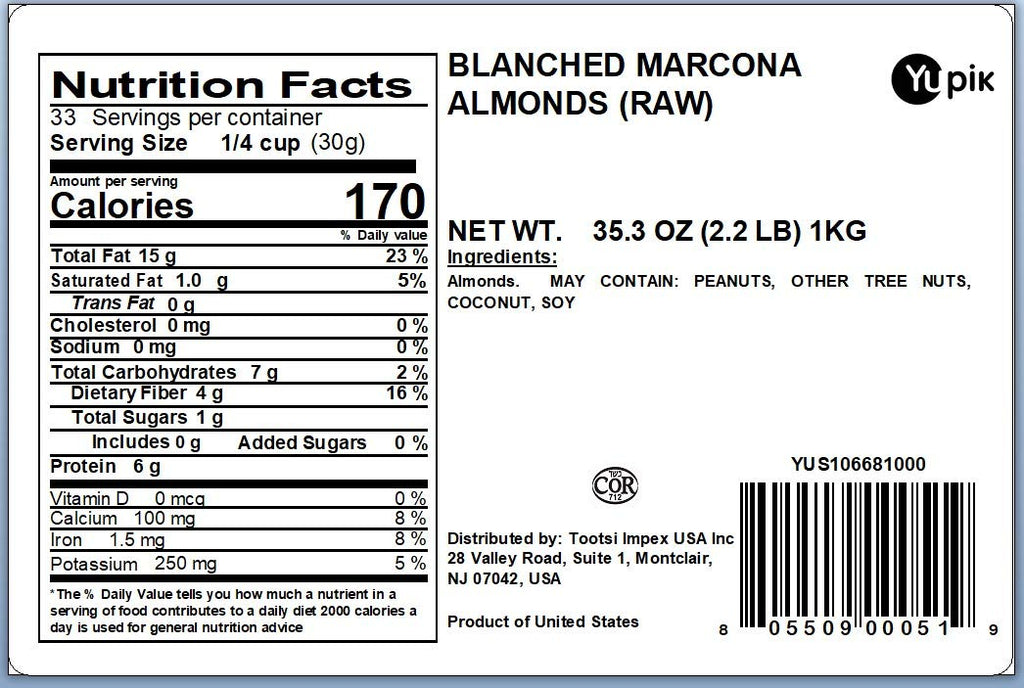 Yupik Blanched Marcona Almonds, 2.2 lb (35.2 oz), Pack of 6, Gluten-Free, Vegan, Kosher, Oil-Free, Raw Nuts, Unsalted, Skinless, Oil-Free, Source of Fiber, Healthy Snack