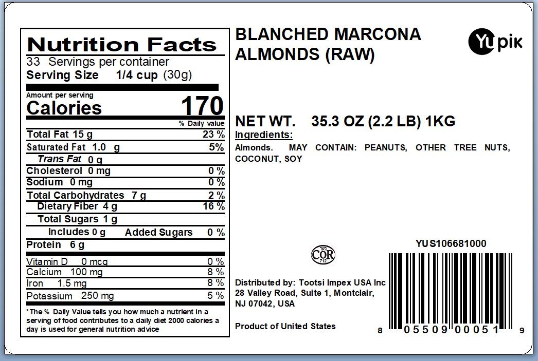Yupik Blanched Marcona Almonds, 2.2 lb (35.2 oz), Pack of 6, Gluten-Free, Vegan, Kosher, Oil-Free, Raw Nuts, Unsalted, Skinless, Oil-Free, Source of Fiber, Healthy Snack