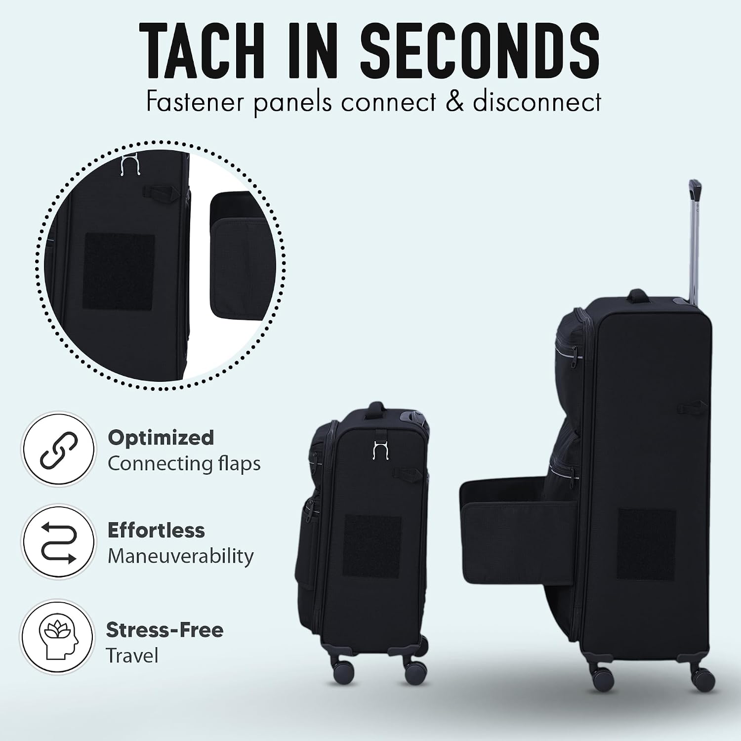 TACH LITE Samba Soft Connectable 2 Piece Luggage Sets - 20 & 28 inch Luggage | Small Carry On & Large Checked Suitcases | Patented Built-In Connecting System | Rolling Suitcase Links 6 Bags (Black)