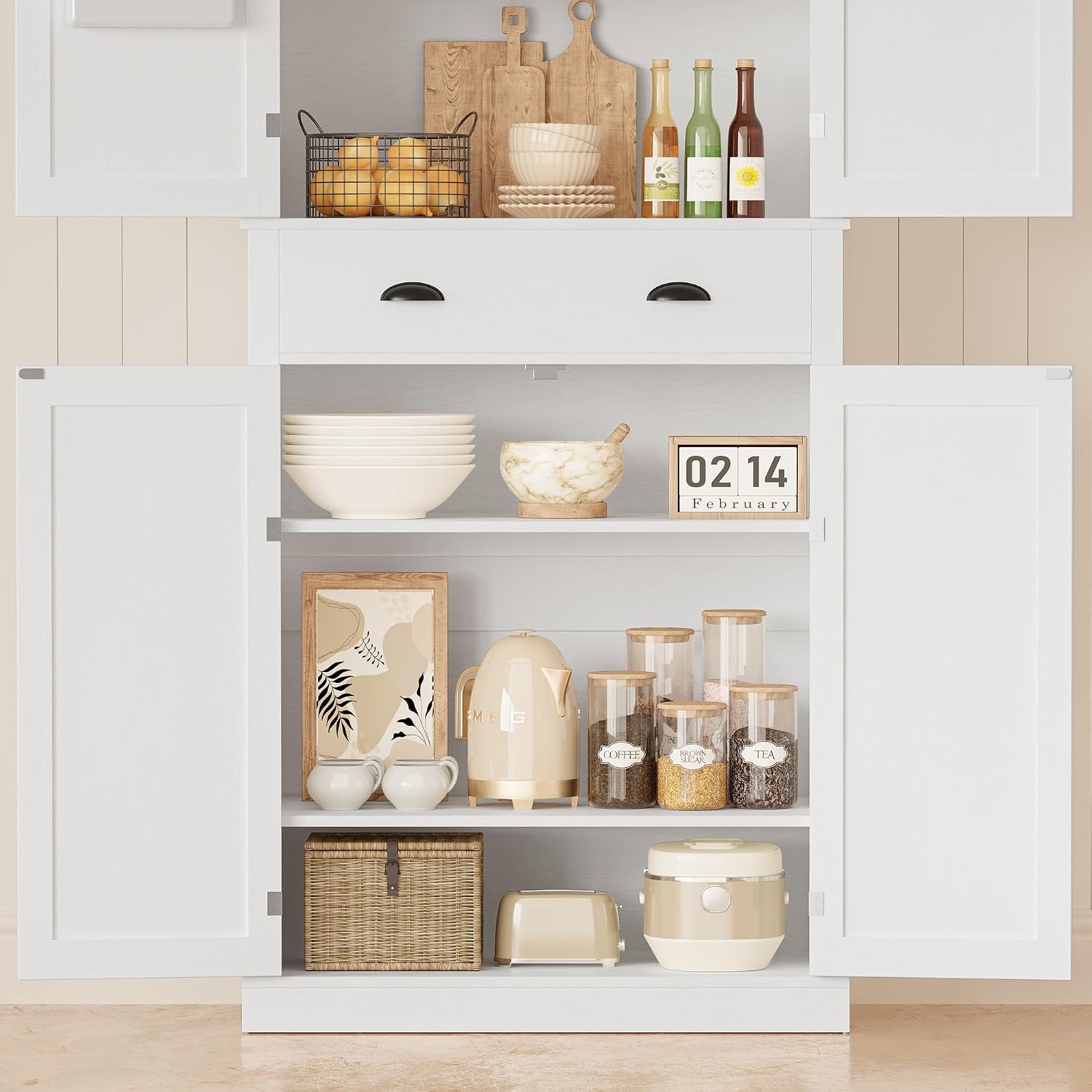IRONCK Kitchen Pantry Storage Cabinet 83.9' H, with Barn Doors, Drawer, 4 Adjustable Shelves, Freestanding Cupboard for Dining Room Living Room, Laundry, White