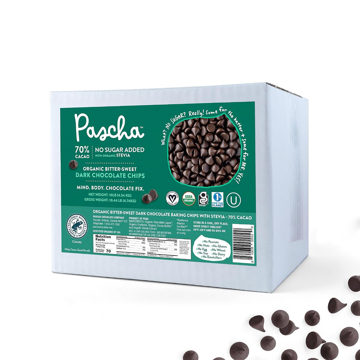 Pascha Bulk Organic Chocolate Chips (Bulk Keto Baking Chips (10 lbs) - No Added Sugar)