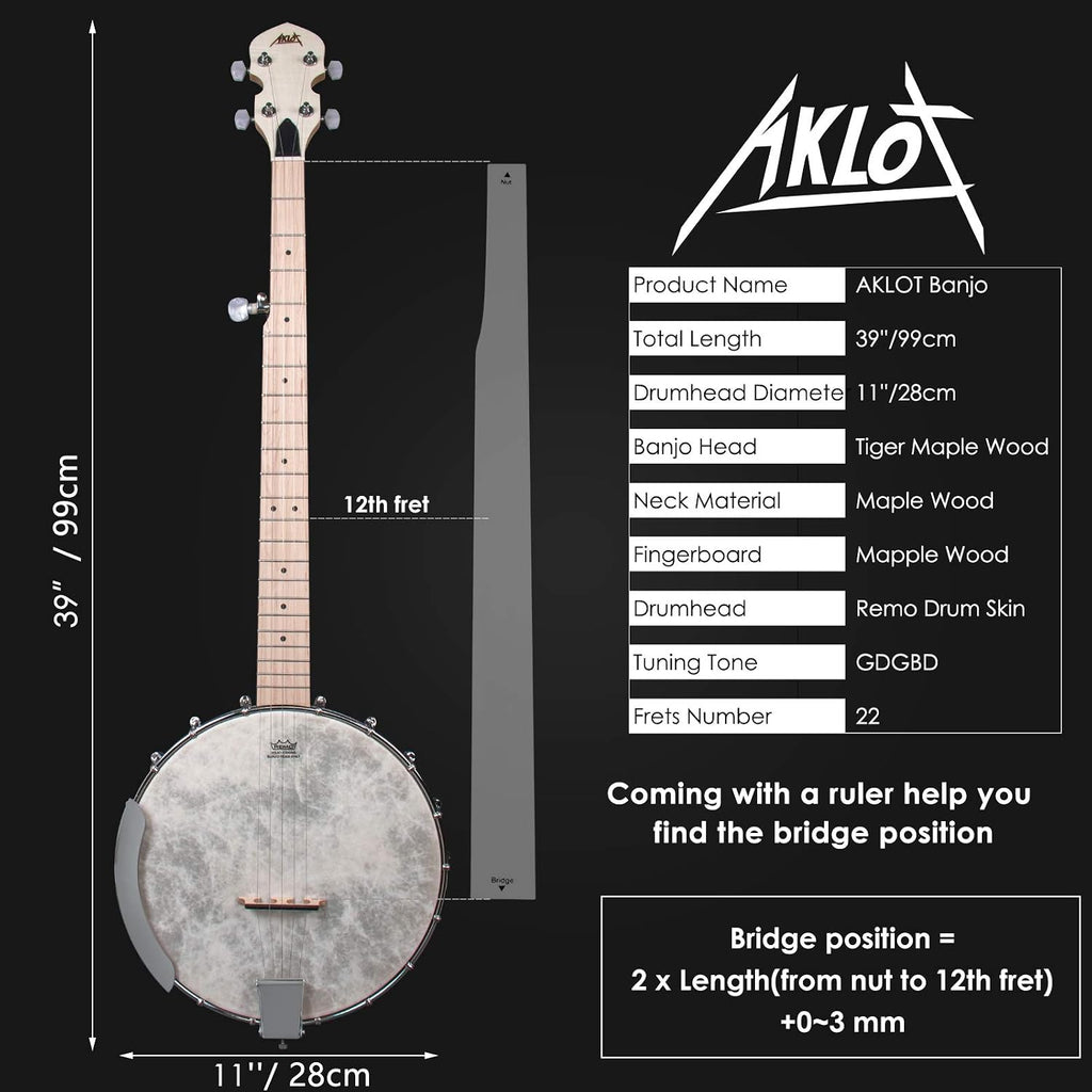 AKLOT 5 String Banjos Full Size Open Back Banjo Adjustable Maple Body Remo Head with 2 Tuning Wrench, 4 Picks, Strings, Tuner, Strap Ruler, Cleaning Cloth, Gig Bag for New Beginner Professional