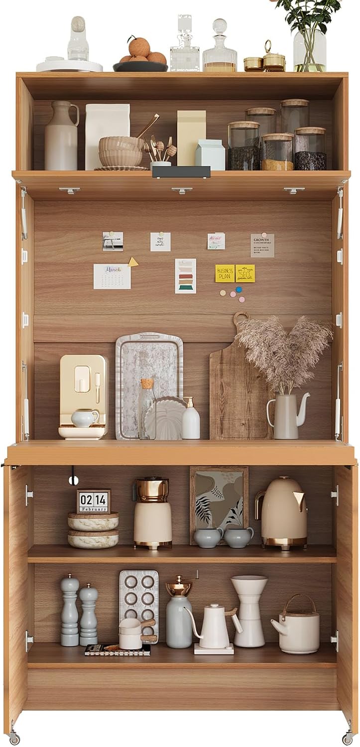 Farmhouse Pantry Cabinet with Foldable Workstation, 69' Tall Buffet with Hutch and Storage, Multifunctional Kitchen Cabinet with Adjustable Shelf and Power Outlet for Dining Room (Natural)