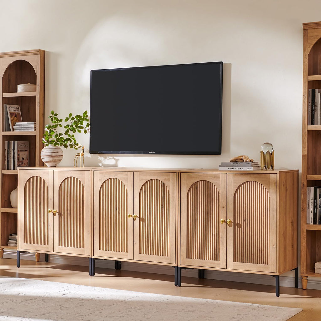 IFGET Modern Buffet Cabinet with Storage, 92.63' W Fluted Arched Sideboard Cabinet w/Adjustable Shelves, Wooden Modular Coffee Bar for Dining Room, Kitchen, Living Room, Entryway, Natural