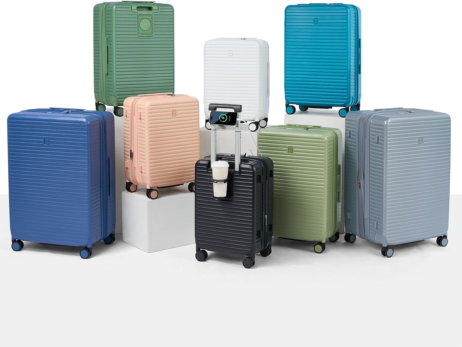 HanTrip Hard Shell Suitcases Travel Expandable Luggage, 24 Inch Check in Luggage with Spinner Wheels Cup Holder Charger Built in, Checked Medium Suitcase Lightweight Suitcases, Bamboo Green
