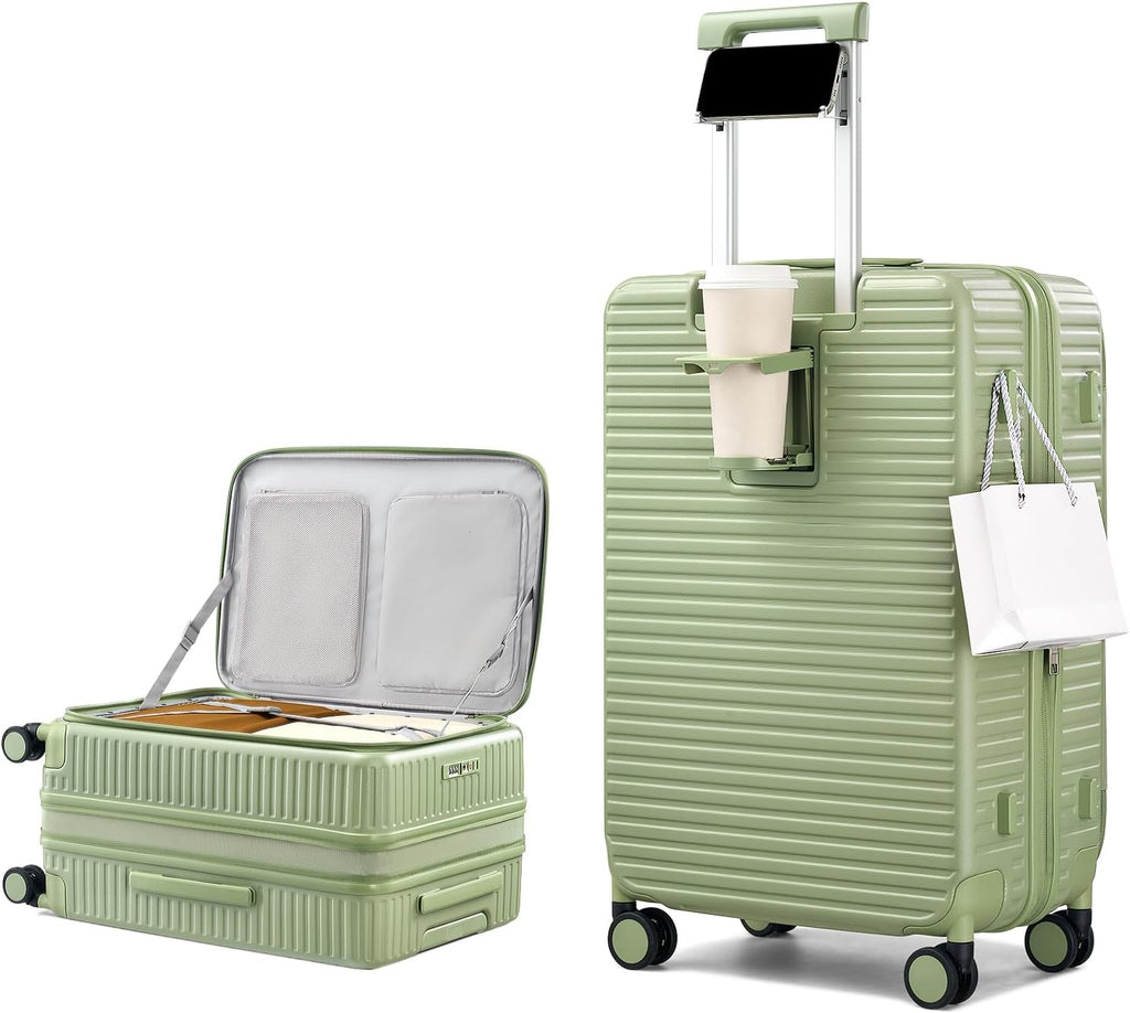 HanTrip Hard Shell Suitcases 24 Inch Check in Luggage with Spinner Wheels Cup Holder, Lightweight Top Opening Expandable Luggage Hard Case Rolling Medium Checked Suitcase with Lock, Bamboo Green