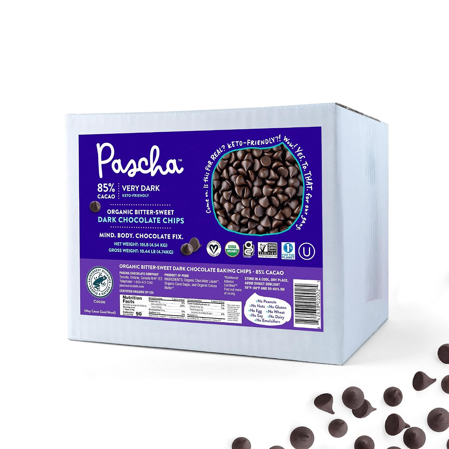 Pascha Organic Extra Dark Chocolate Chips - 85% Cacao Bittersweet - Vegan, Keto-Friendly Baking Chips - Rainforest Alliance Certified - No Dairy, Soy, Gluten or Nuts (10 lbs)