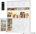 HIFIT 72.8' Tall Kitchen Pantry Cabinet with LED & Charging Station, 55' Wide Farmhouse Pantry Storage Cabinet with Microwave Stand&Shelves&Barn Doors, Kitchen Hutch Coffee Bar for Living Room, White