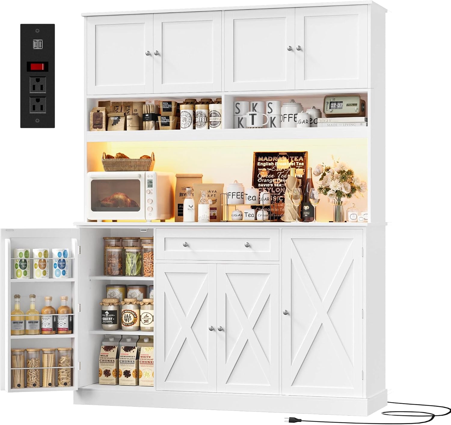 HIFIT 72.8' Tall Kitchen Pantry Cabinet with LED & Charging Station, 55' Wide Farmhouse Pantry Storage Cabinet with Microwave Stand&Shelves&Barn Doors, Kitchen Hutch Coffee Bar for Living Room, White