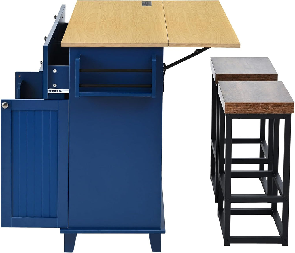 Farmhouse Kitchen Island with Drop Leaf and 2 Seatings, Kitchen Table Set with Storage Cabinet, Drawers, Door Shelves and Power Outlet Blue+Black+Brown