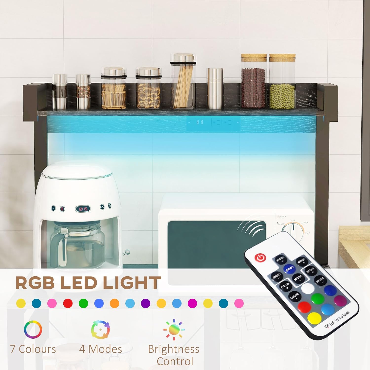 Rack with Power Outlet and LED Lights, Bakers Racks for Kitchens with Storage, Industrial Microwave Stand with Glass Holders, Metal Basket, Multiple Shelves, Gray