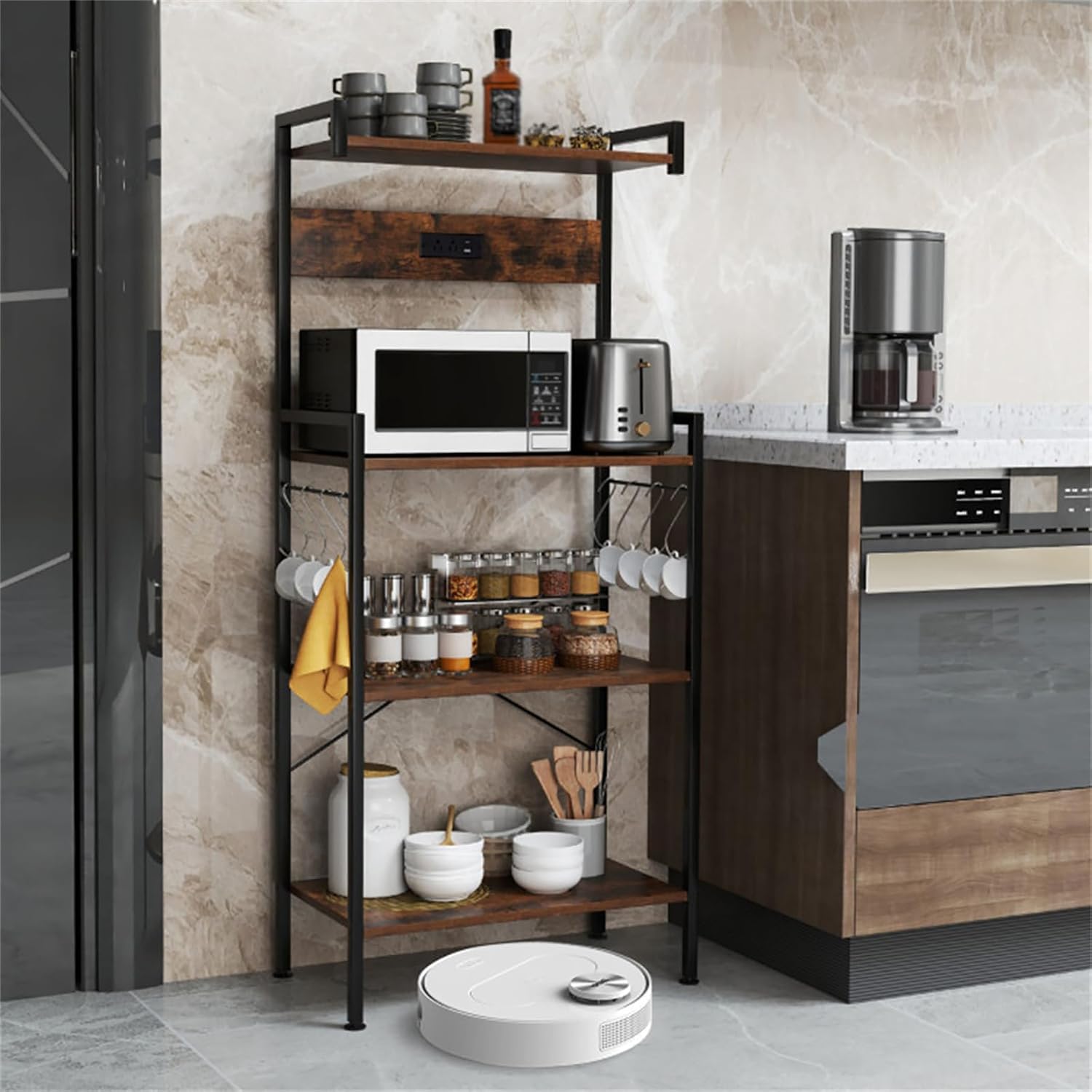 Kitchen Baker's Rack with Power Socket, Microwave Rack with 4 Shelves and 8 S-Shaped Hooks, Kitchen Storage Rack for Spices and Pots, Rustic Brown