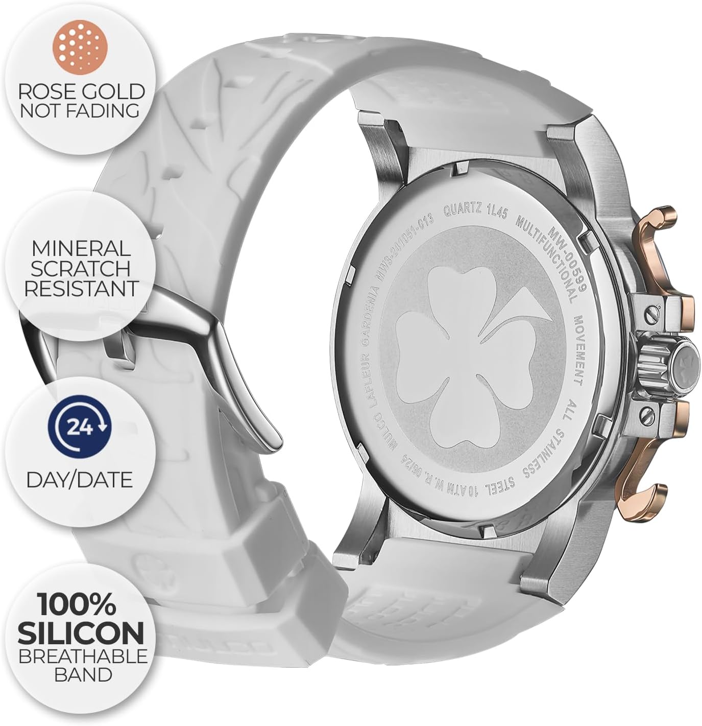 MULCO Le Fleur Gardenia Women's Watch – 43 mm Stainless-Steel Case, Rose-Gold Bezel, Mother-of-Pearl Dial with Crystal Accents, Pure Silicone Strap, Quartz Multifunction Movement, 10 ATM Waterproof