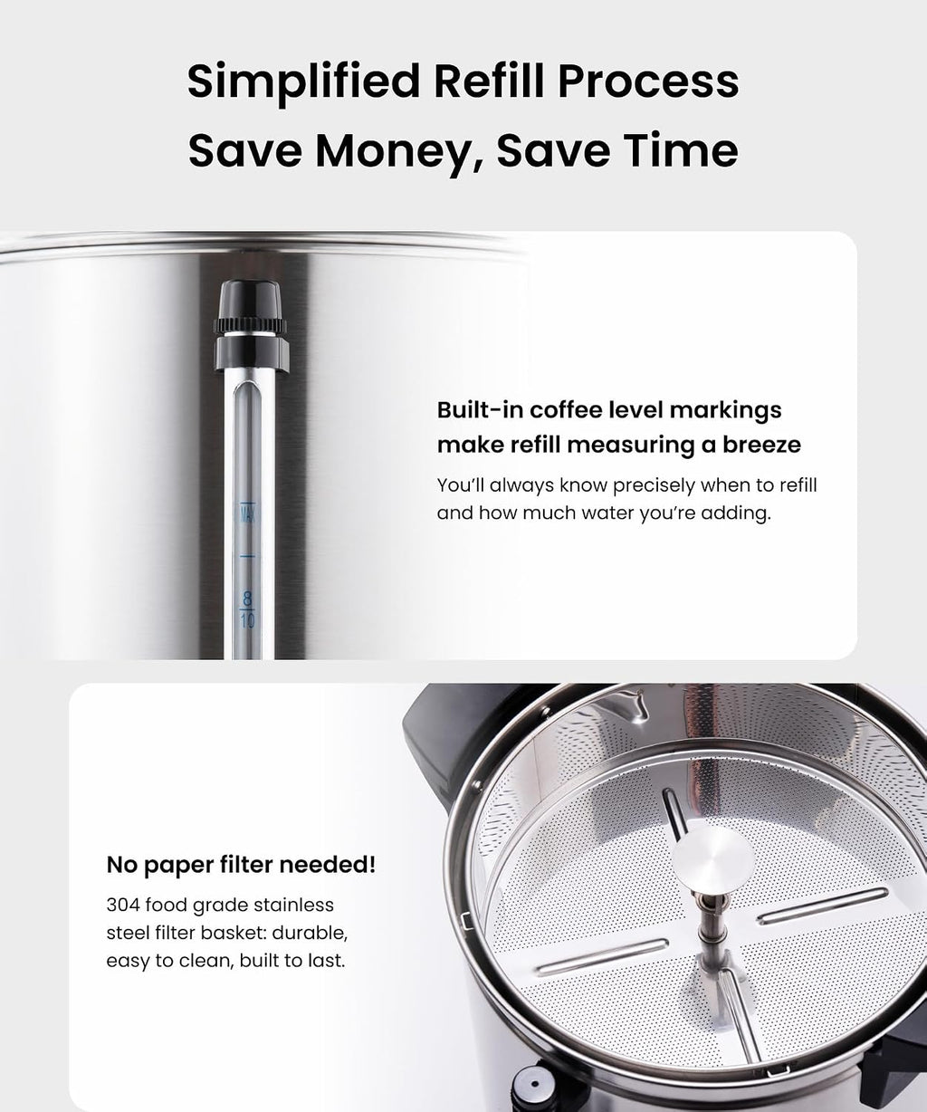 SYBO SR-CP100B Commercial Coffee Urn & Hot Beverage Dispenser, Fast Brew, Keeps Warm – Ideal for Coffee, Tea, Water at Events & Catering, 100-Cup 16 L,Metallic