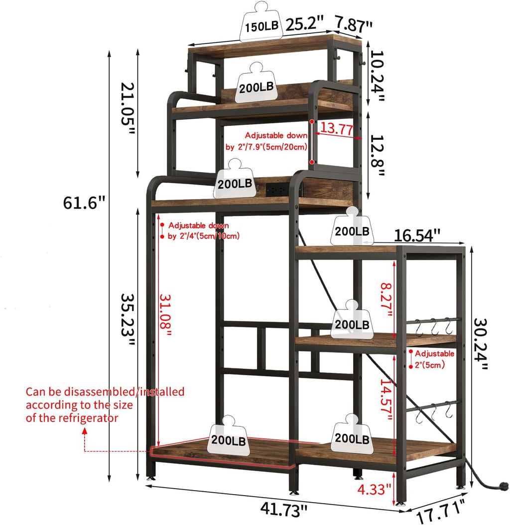 Multifunctional 7 Tier F Microwave Stand with 2 AC,2 USB Outlets Coffee Bar Bakers Rack Storage Shelf, Utility Storage Shelf, FCabinet for Kitchen, Dorm, Living Room, Brown