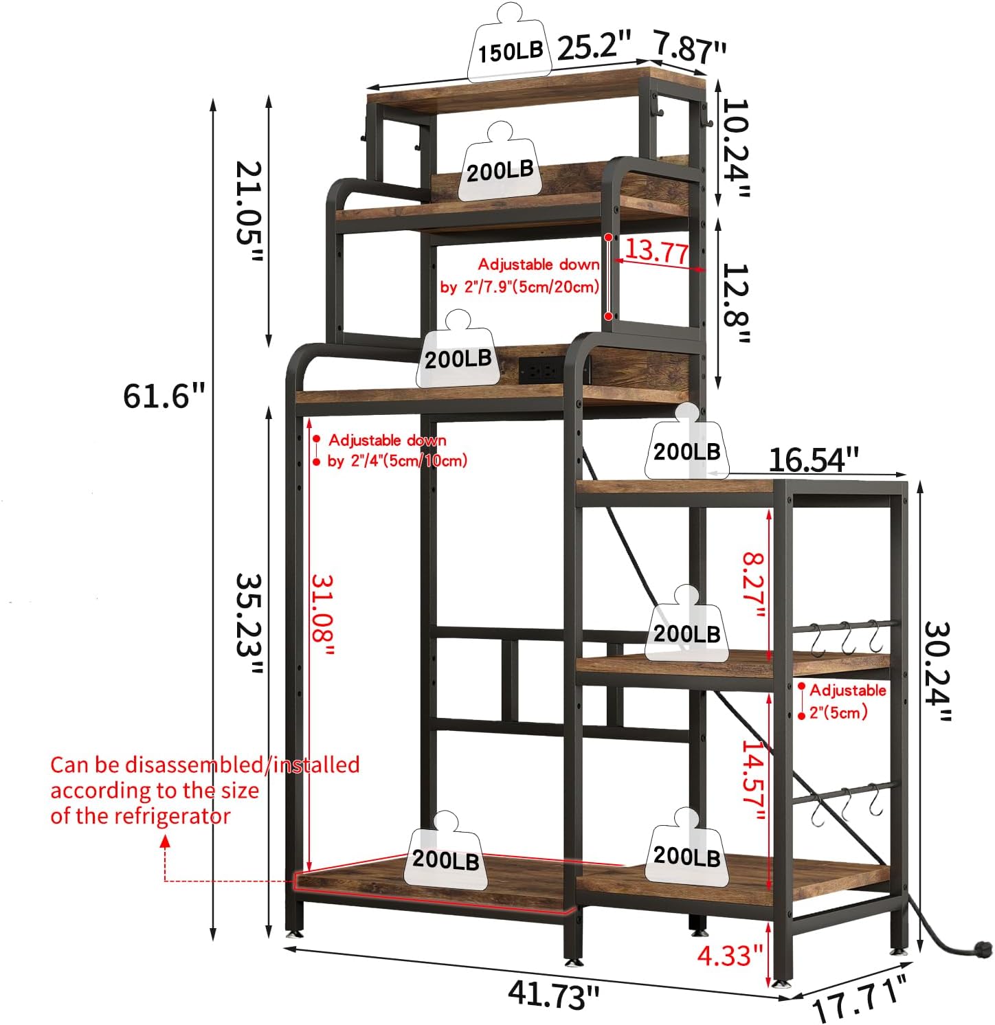 Multifunctional 7 Tier F Microwave Stand with 2 AC,2 USB Outlets Coffee Bar Bakers Rack Storage Shelf, Utility Storage Shelf, FCabinet for Kitchen, Dorm, Living Room, Brown